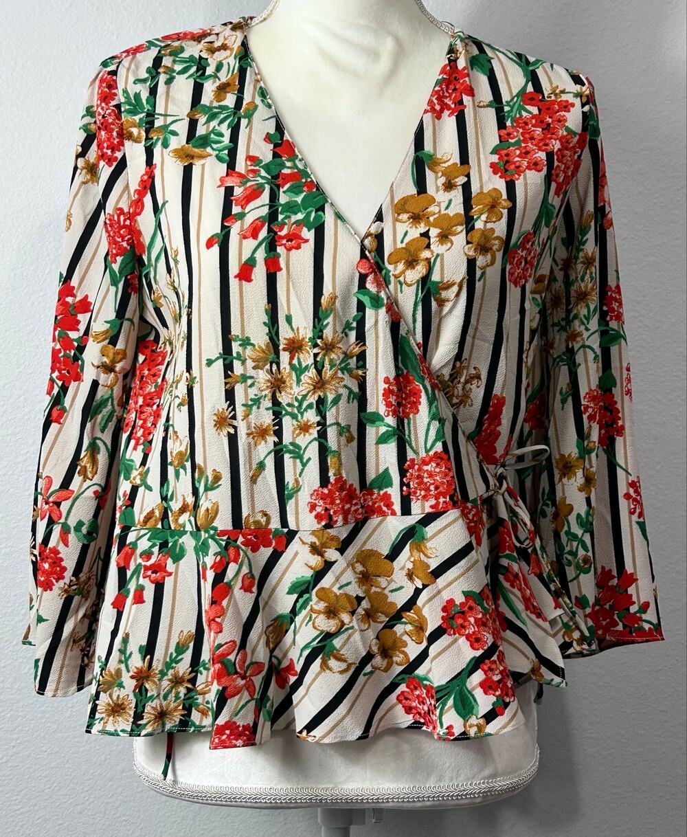 Zara Floral Striped Wrap Peplum Blouse Tie Waist Top Small